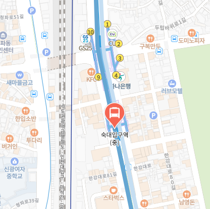 숙대입구역에서 인천공항 리무진 공항버스(6001번) 지도 위치