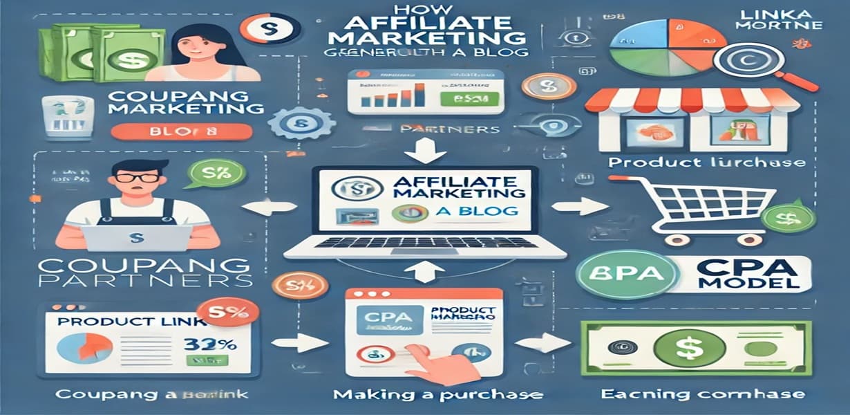 블로그 제휴마케팅 수익 흐름 인포그래픽 – 제품 링크 클릭, 구매, 수수료 발생 구조와 제휴 플랫폼(쿠팡파트너스, 링크프라이스 등) 시각적 표현
