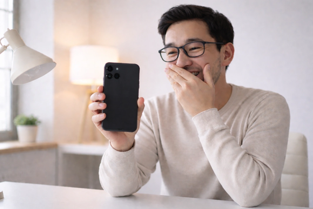 스마트폰으로 대출 신청 결과를 확인하며 안도하는 무직자