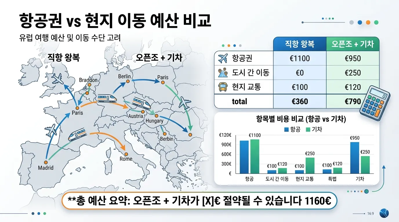 유럽 여행에서 항공과 기차 예산을 나눠 계산하는 장면
