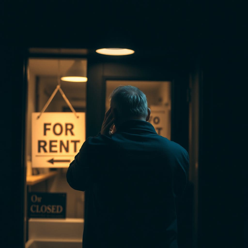 어두운 배경 속에서 한숨을 쉬거나 이마를 짚고 있는 자영업자/소상공인의 뒷모습. 가게 문 앞에 '임대' 또는 '폐업' 안내문이 붙어 있는 모습도 포함될 수 있습니다. 절망감과 막막함을 표현합니다.