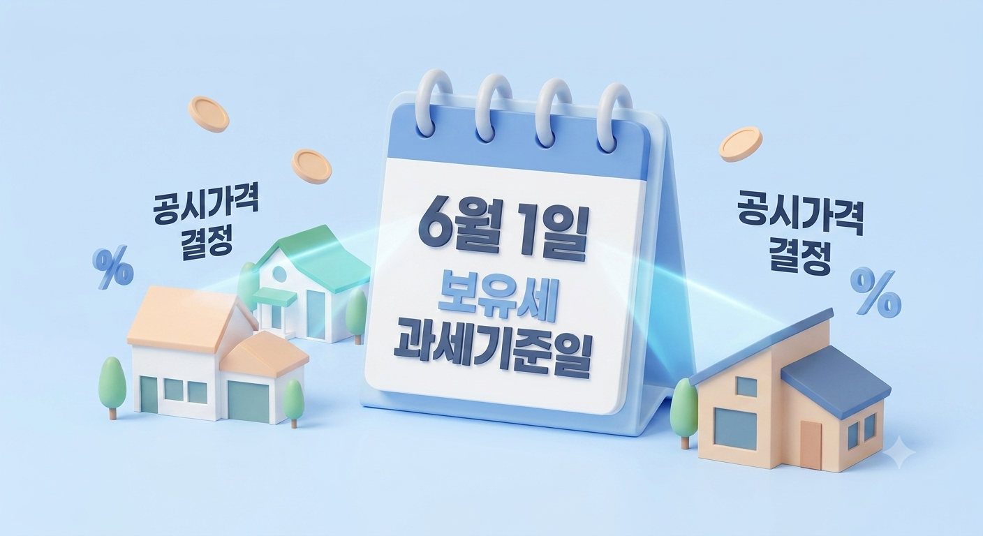 중앙에 '6월 1일 보유세 과세기준일'이라고 적힌 대형 달력이 있고, 주변 주택들을 평가하여 공시가격을 결정하는 과정을 직관적으로 보여주는 3D 일러스트