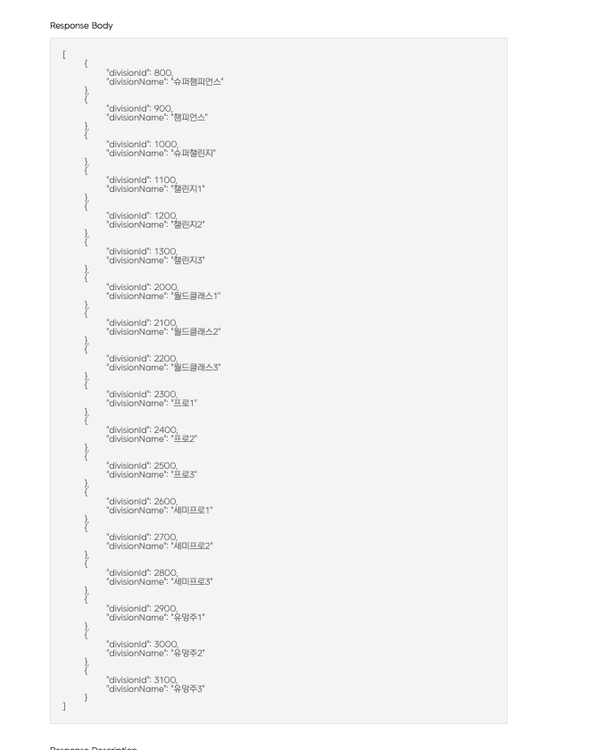 API 응답 JSON 데이터 예시 화면