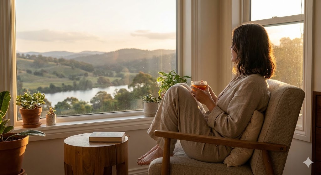 황금빛 노을이 내리는 창가, 단정하게 정리된 침대와 책상 위에 놓인 주식 계좌 통장. 그리고 그 옆에서 평온하게 차를 마시는 투자자의 뒷모습