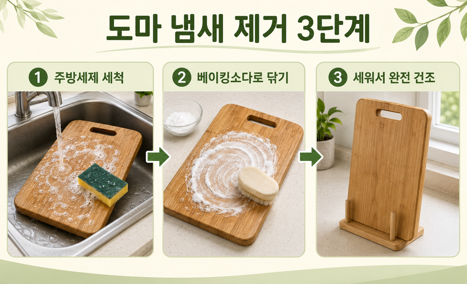 주방세제 세척, 베이킹소다 사용, 완전 건조로 이어지는 도마 냄새 제거 3단계
