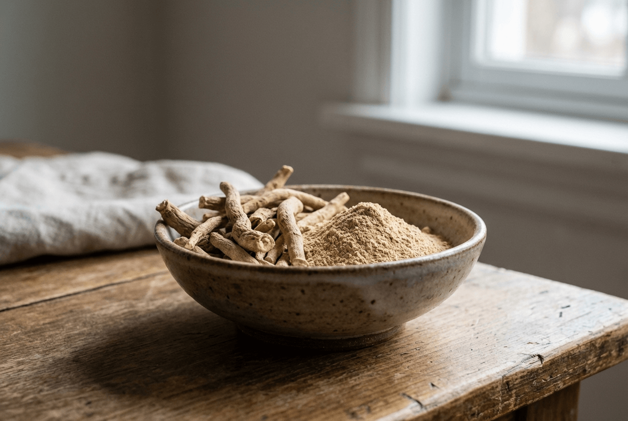 아슈와간다 원료 뿌리와 분말을 담은 그릇이 자연광 아래 놓여 있는 사진으로 아슈와간다의 원료를 직관적으로 보여준다