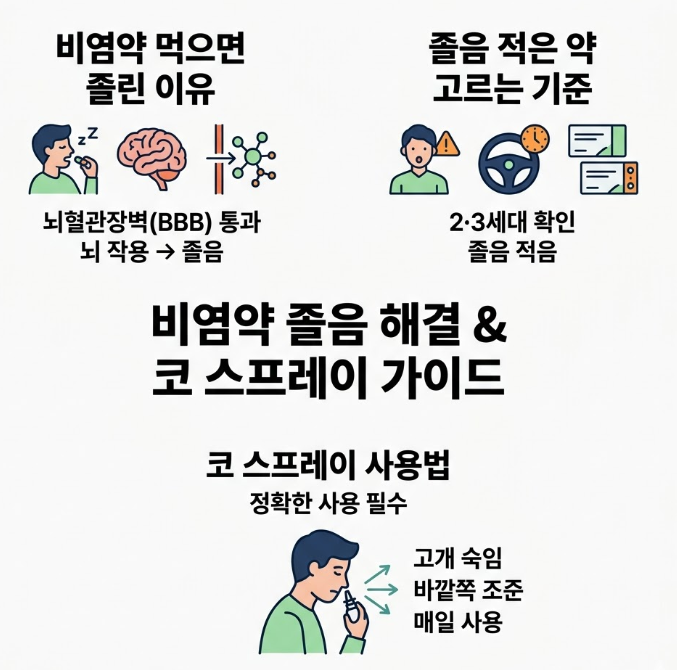 비염약을 먹으면 졸린 이유와 졸음이 적은 항히스타민제 선택 기준, 코 스프레이 사용법 설명 인포그래픽