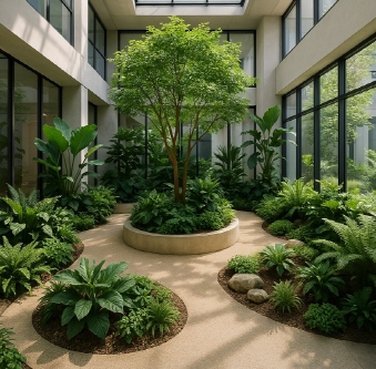 모던한 실내 공간에 조성된 실내 정원으로, 넓은 유리창과 천창을 통해 자연광이 들어오고, 다양한 녹색 식물들이 콘크리트 화분과 자갈 길을 따라 배치되어 있는 모습. 회색 벽과 검은 금속 기둥이 조화를 이루며 미니멀한 분위기를 연출한다."