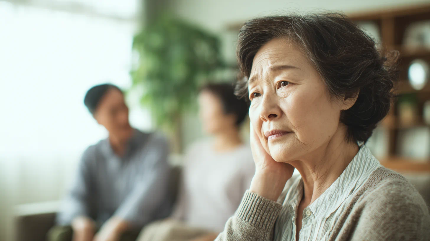 노인 환자가 집중 못하는 모습, 기억력 저하 표현, 보호자 옆에서 걱정하는 장면