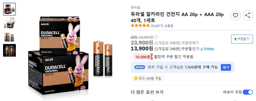 듀라셀-알카라인-건전지-AA-20p-+-AAA-20p-40개,-1세트