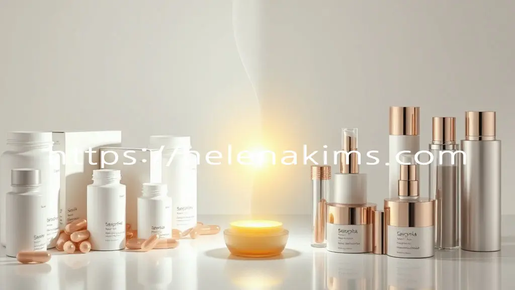 중앙에는 세리포리아 락세라타 원료가 놓여 있고 왼쪽에는 건강기능식품들이 놓여 있고, 오른쪽에는 화장품 용기들이 놓여 있는 모습.