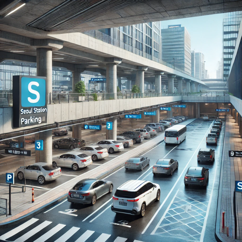 서울역 지하 주차장의 사실적인 묘사, 차량과 명확한 표지판 포함