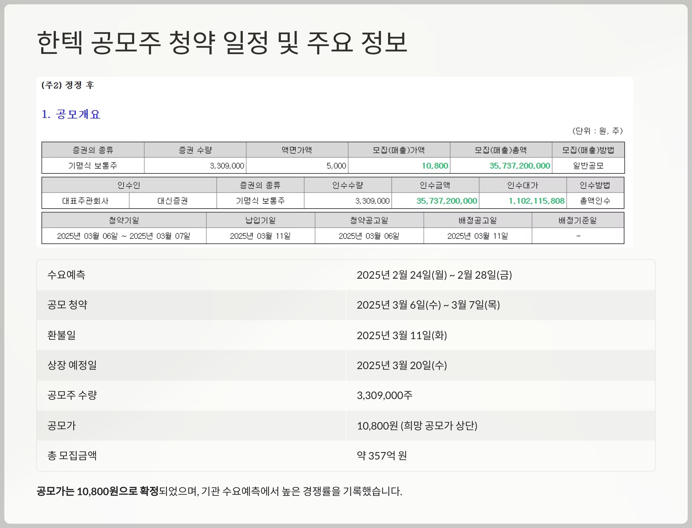 한텍 공모주 청약 일정 및 주요 정보
