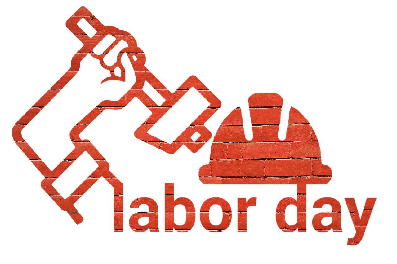 labor day라고 써있고 안전모와 망치를 들고 있는 그림