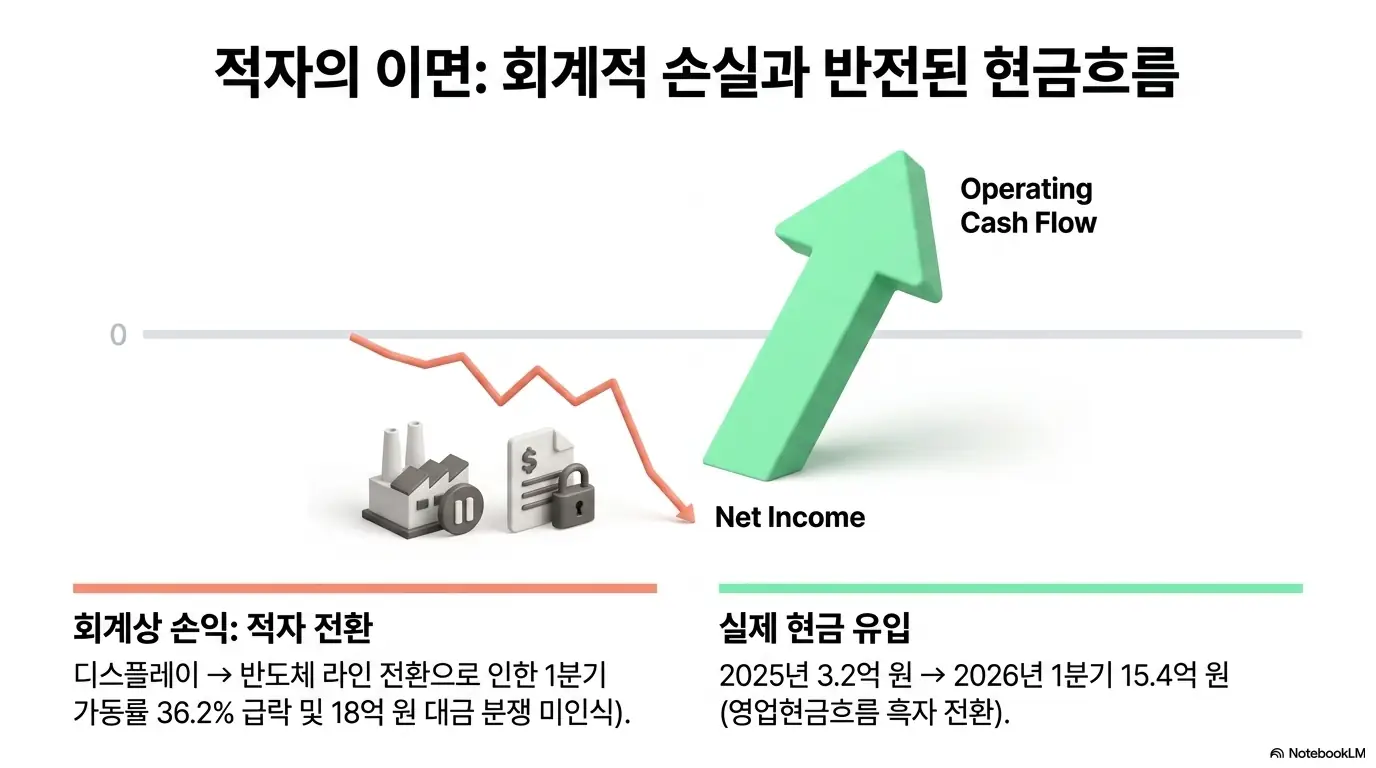 져스텍 주가 전망: 져스텍의 회계상 적자와 반전된 영업현금흐름을 두 방향 화살표로 표현한 그래프. 디스플레이에서 반도체 라인 전환에 따른 가동률 36퍼센트 급락과 18억 원 대금 미인식으로 손익은 적자지만&amp;#44; 영업현금흐름은 흑자로 돌아선 적자의 이면을 시각적으로 전달하며 져스텍 실적을 설명함 