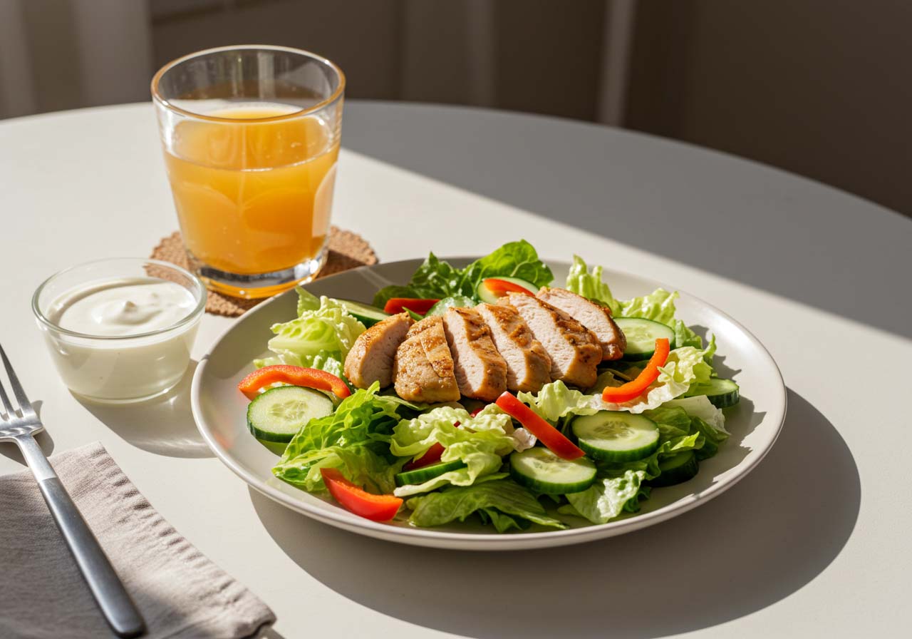 A healthy dinner with fresh vegetable salad, grilled chicken breast, and a glass of kombucha