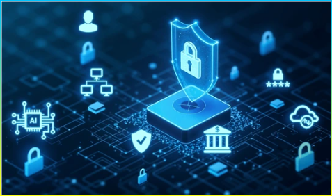 데이터와 암호화를 보호하는 사이버 보안 및 개인정보 보호 개념, 안전한 인터넷 네트워크 보안 기술. 사이버 보안의 자물쇠 아이콘을 통해 개인 정보를 보호.