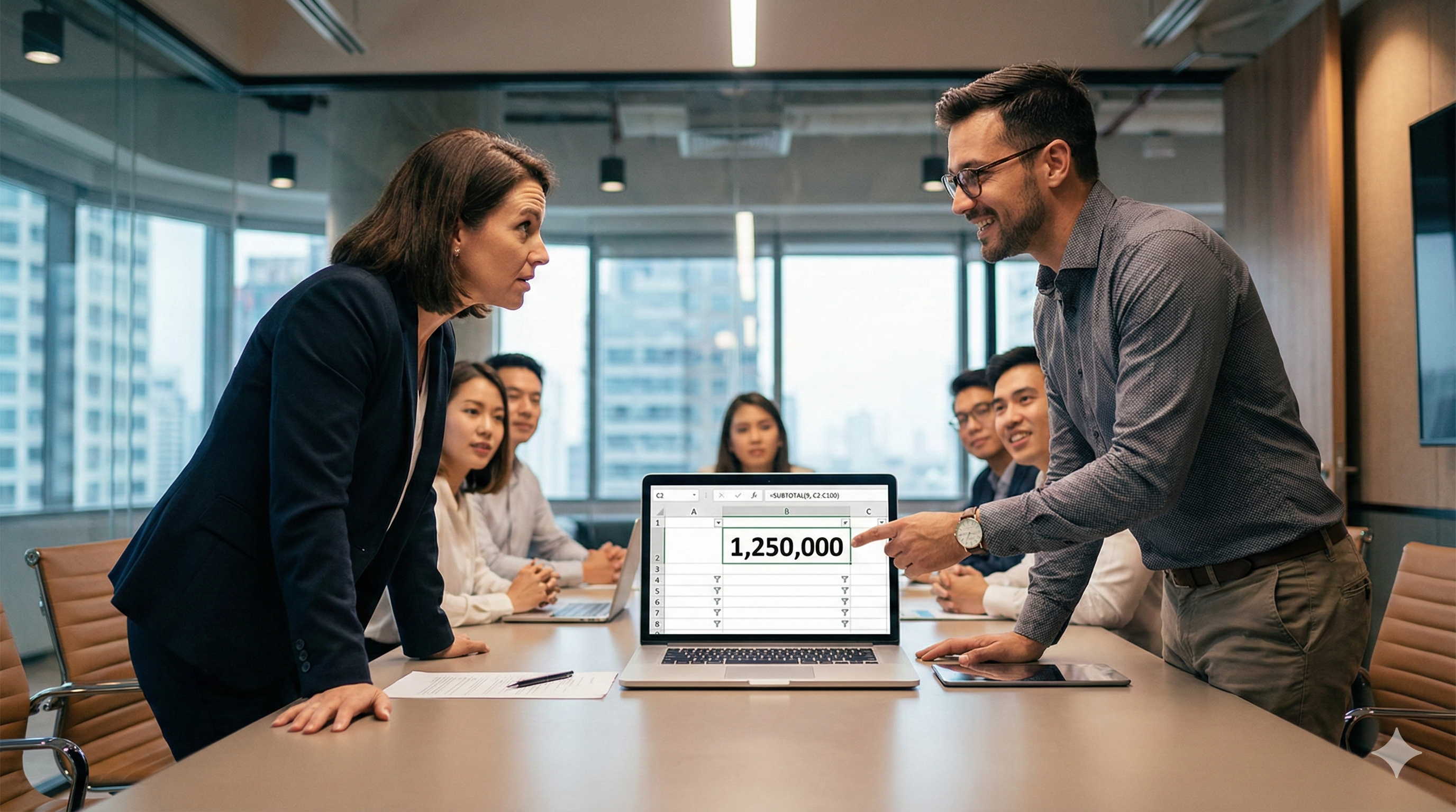 글의 1번 항목에서 강조하는 '상사의 갑작스러운 질문에 SUBTOTAL 함수를 활용해 즉각적으로 데이터를 필터링하고 분석 결과를 제시하는 자신감 넘치는 직장인(일잘러)'의 모습을 시각화합니다.