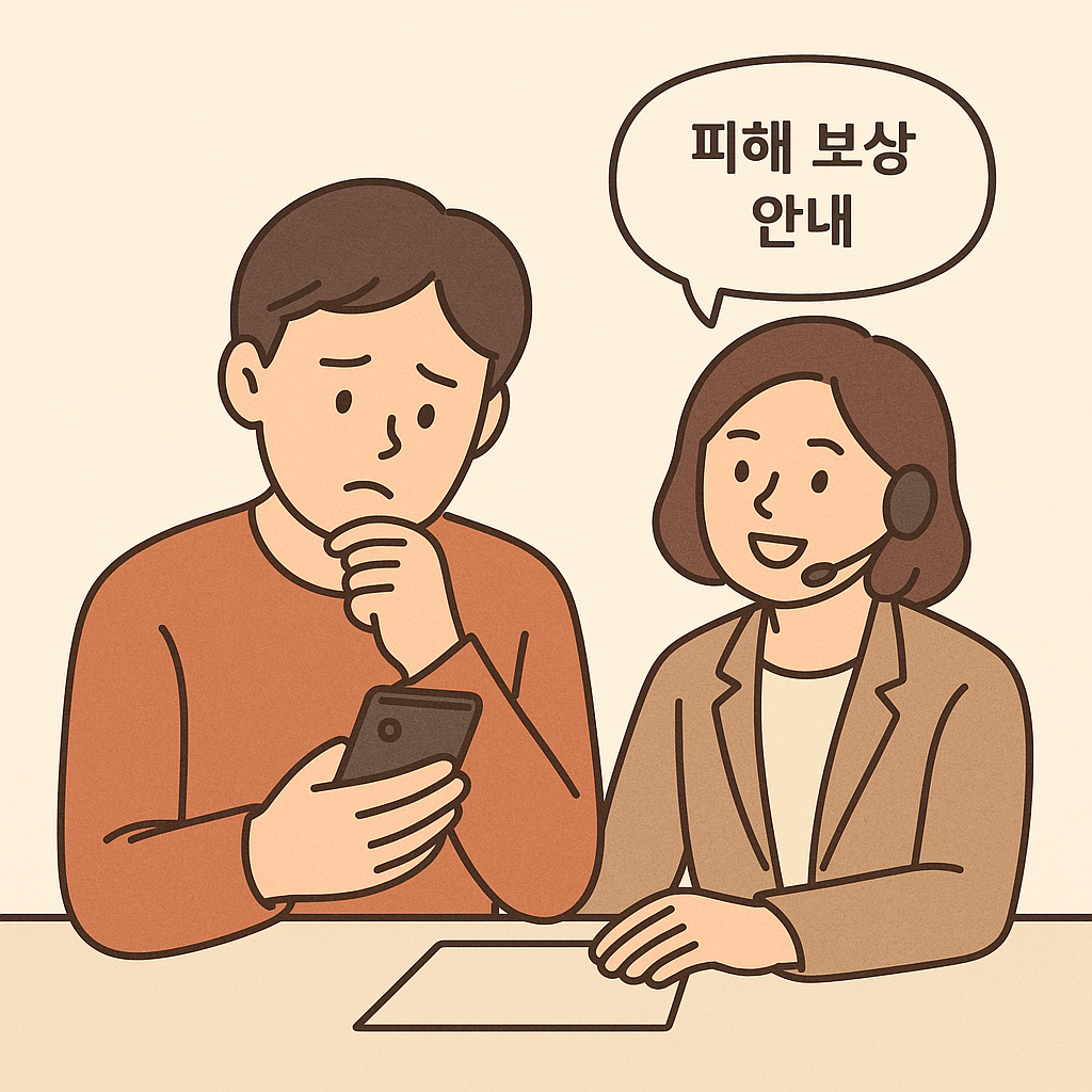 온라인 사기 피해 후 상담을 받으며 환불 가능성을 확인하는 인물들의 따뜻한 감성 일러스트