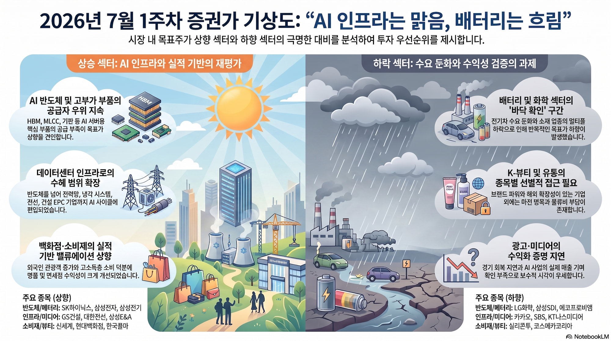 2026년 7월 1주차 증권 리포트 분석: AI 반도체·MLCC·데이터센터 인프라 강세, 배터리·화학·광고주는 부담 지속