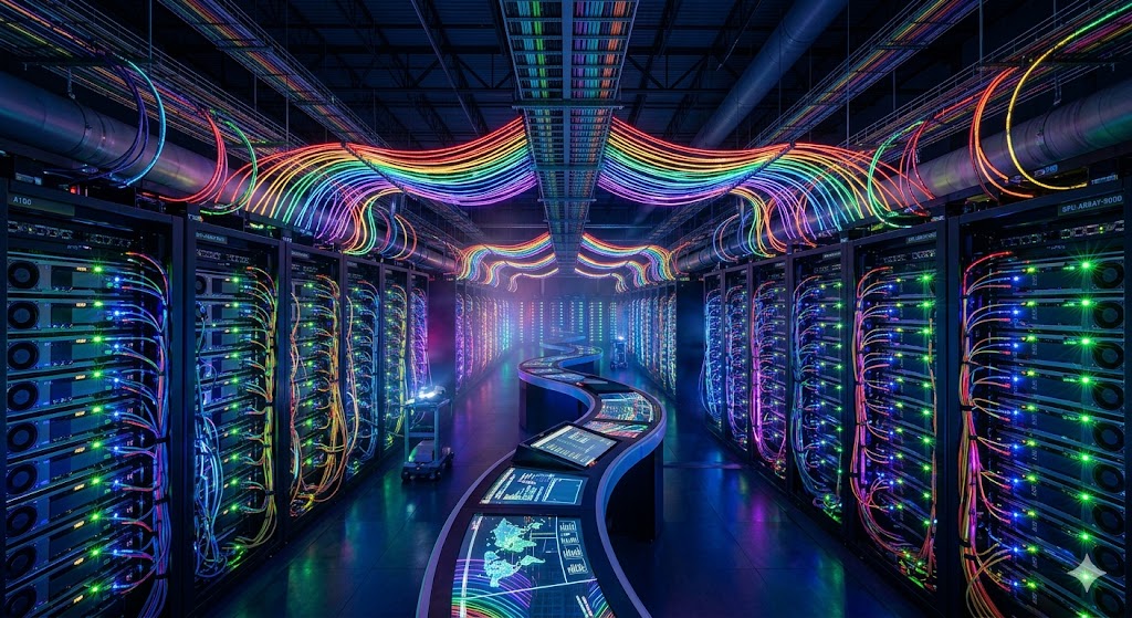 어두운 데이터센터 안에서 무지갯빛 광섬유 케이블이 수천 개의 GPU를 잇고 있는 환상적인 이미지