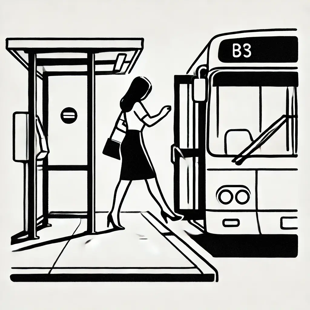 버스를 타려는 여성의 단순한 일러스트.