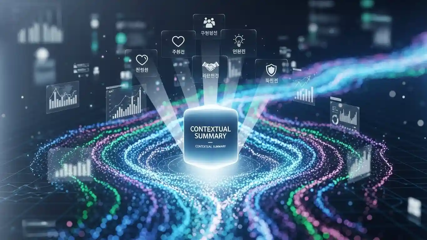 <img src="contextual_summary_revealing_core_value_in_data.webp" alt="데이터 홍수 속 맥락적 요약으로 핵심 가치와 의사결정 향상을 시각화한 이미지 입니다">