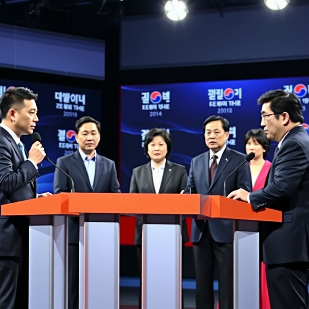TV 토론회 스튜디오를 배경으로, 여러 명의 대선 후보들이 단상에 서서 열띤 토론을 벌이는 모습을 역동적으로 담습니다. 각 후보들은 진지한 표정으로 마이크 앞에서 발언하거나 다른 후보의 이야기에 귀 기울이고 있습니다. 배경에는 후보들의 이름이나 소속 정당 로고가 간략하게 표시되어 있고, 조명은 후보들에게 집중되어 있습니다. 전문적이고 긴장감 있는 분위기를 연출합니다.