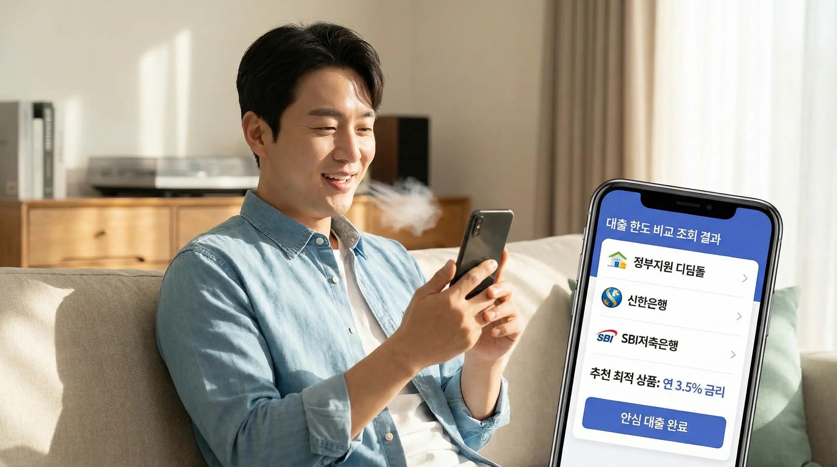 스마트폰 앱으로 다양한 대부업체 및 정부지원 대출 한도를 비교 조회하고 최적의 조건을 선택하는 안도하는 모습