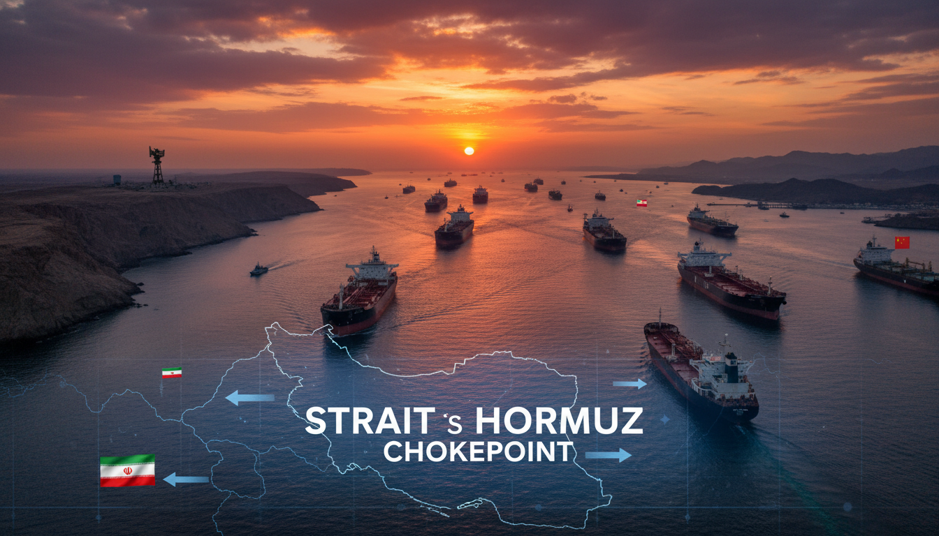 호르무즈 해협의 전략적 중요성을 보여주는 유조선들로 붐비는 해상 풍경, 2026년 유가 폭등 우려 반영