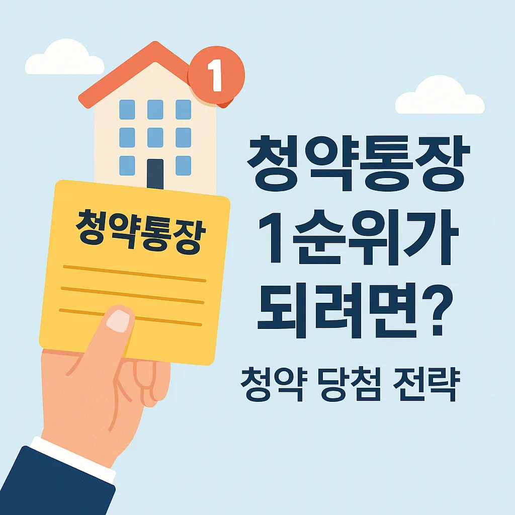 청약통장을 들고 아파트를 배경으로 한 1순위 전략 일러스트