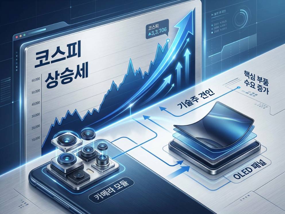 국내 코스피 주식 차트 화면과 스마트폰 부품 이미지가 합성된 금융 인포그래픽