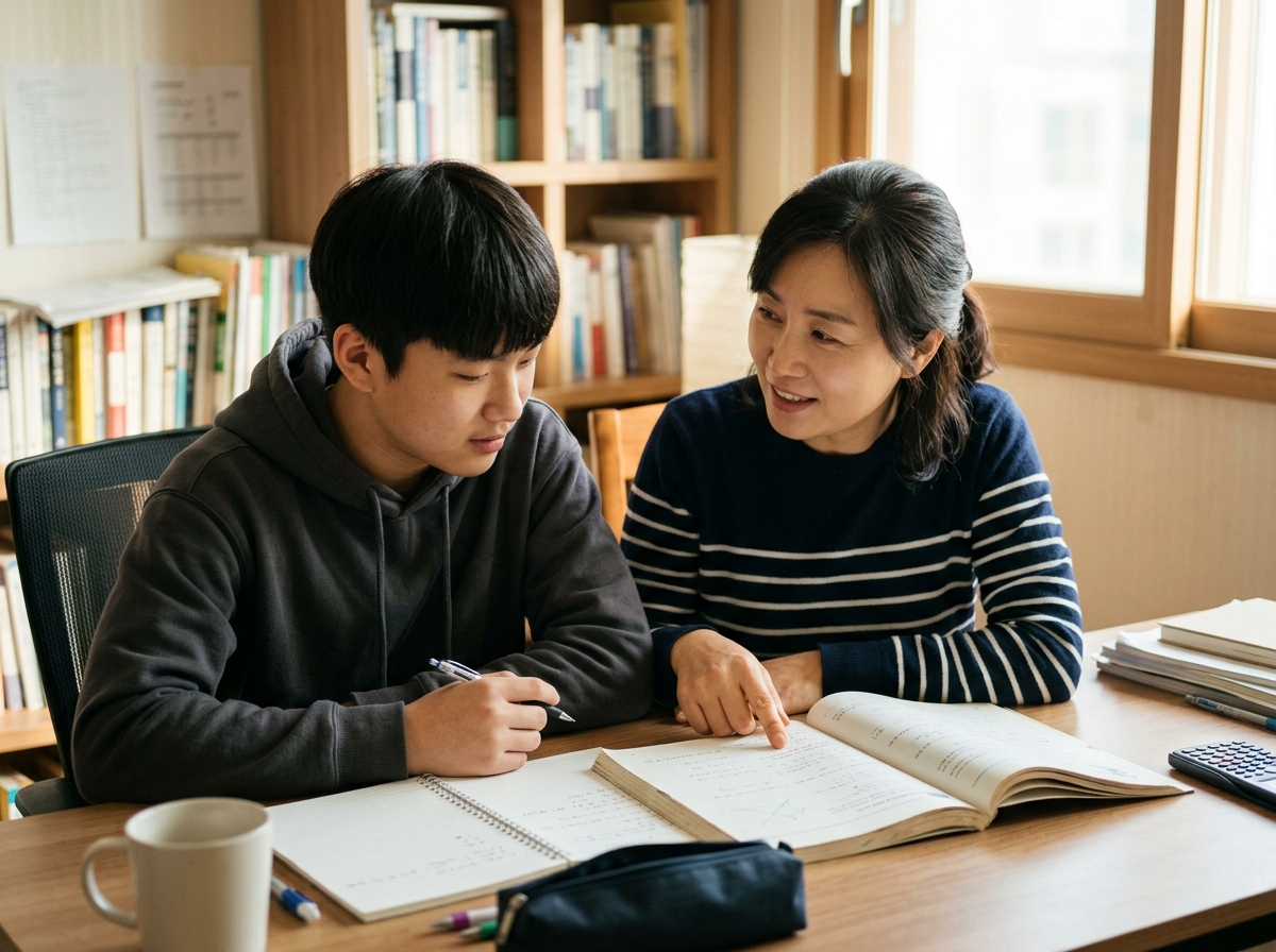 학부모와 고등학생 자녀가 수학 학습 계획에 대해 대화하는 장면