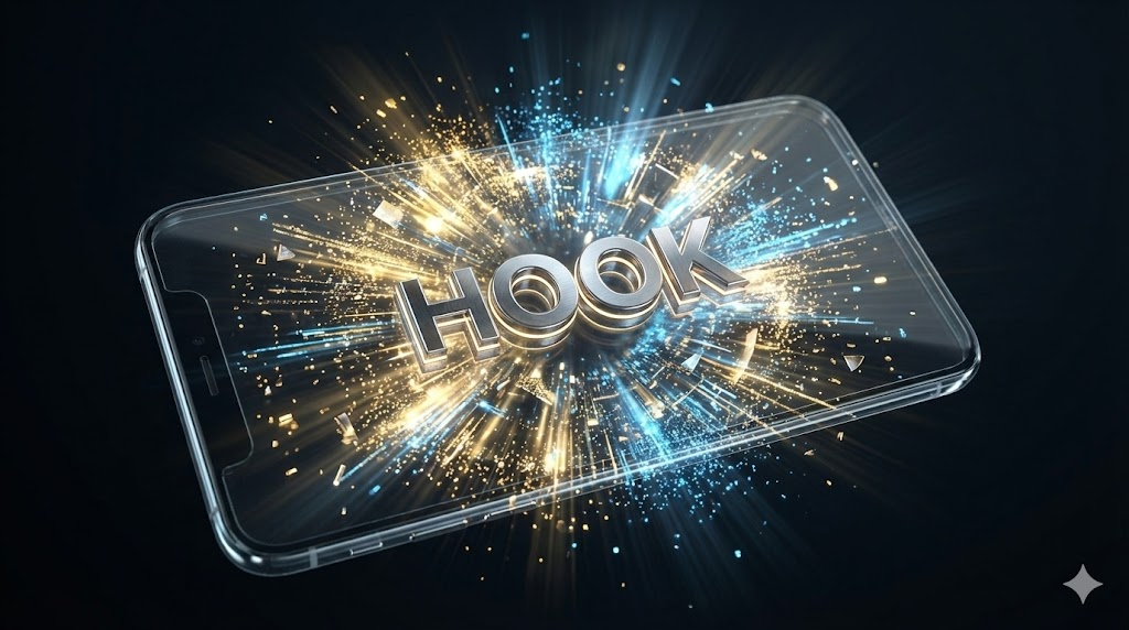 스마트폰 화면 속 유튜브 쇼츠 피드에서 시청자의 시선을 사로잡는 강력한 자막과 오프닝 장면 이미지