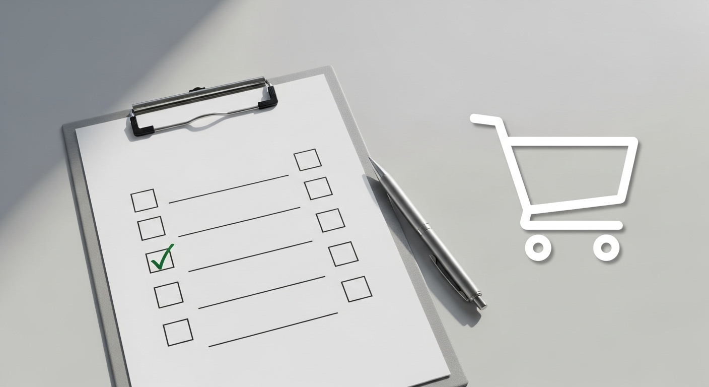 체크리스트와 펜, 그리고 쇼핑 카트 모양의 아이콘이 함께 있는 깔끔한 디자인 이미지