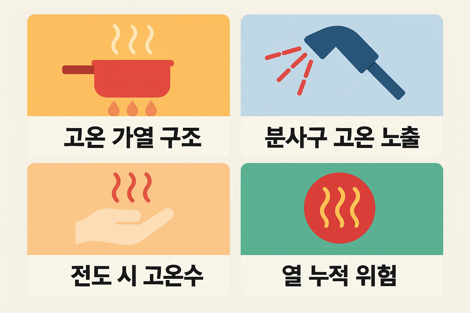 가열식 가습기 사고 원인 중 고온 가열 구조, 분사구 고온 노출, 전도 시 고온수 유출, 열 누적 위험을 아이콘으로 시각화한 구조적 위험 설명 이미지입니다