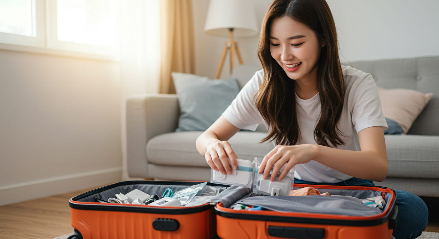 여행 가방에 돼지코를 챙기는 귀여운 한국인 여성