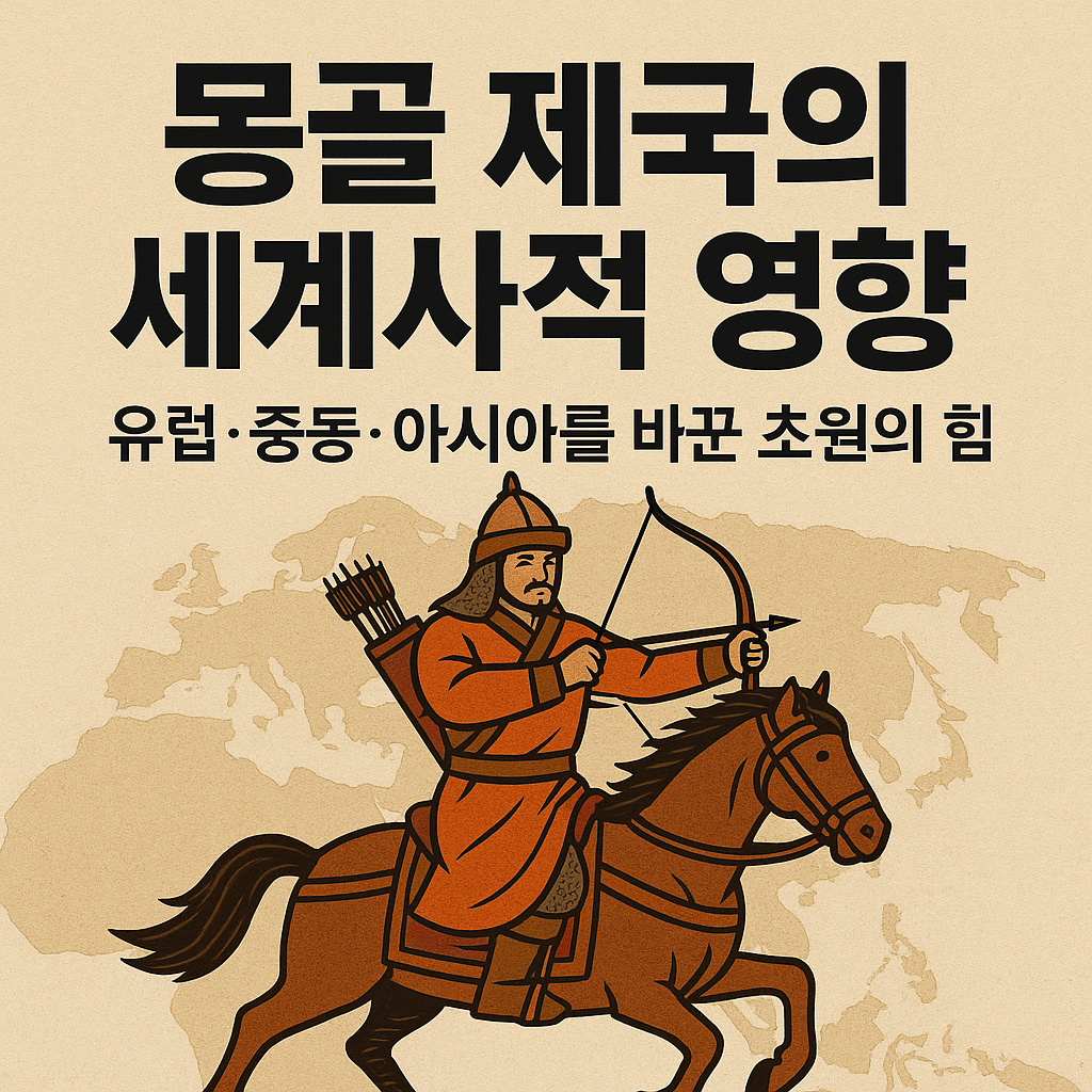 몽골 기마 궁수가 활을 당기는 모습과 세계 지도를 배경으로 한 블로그 썸네일