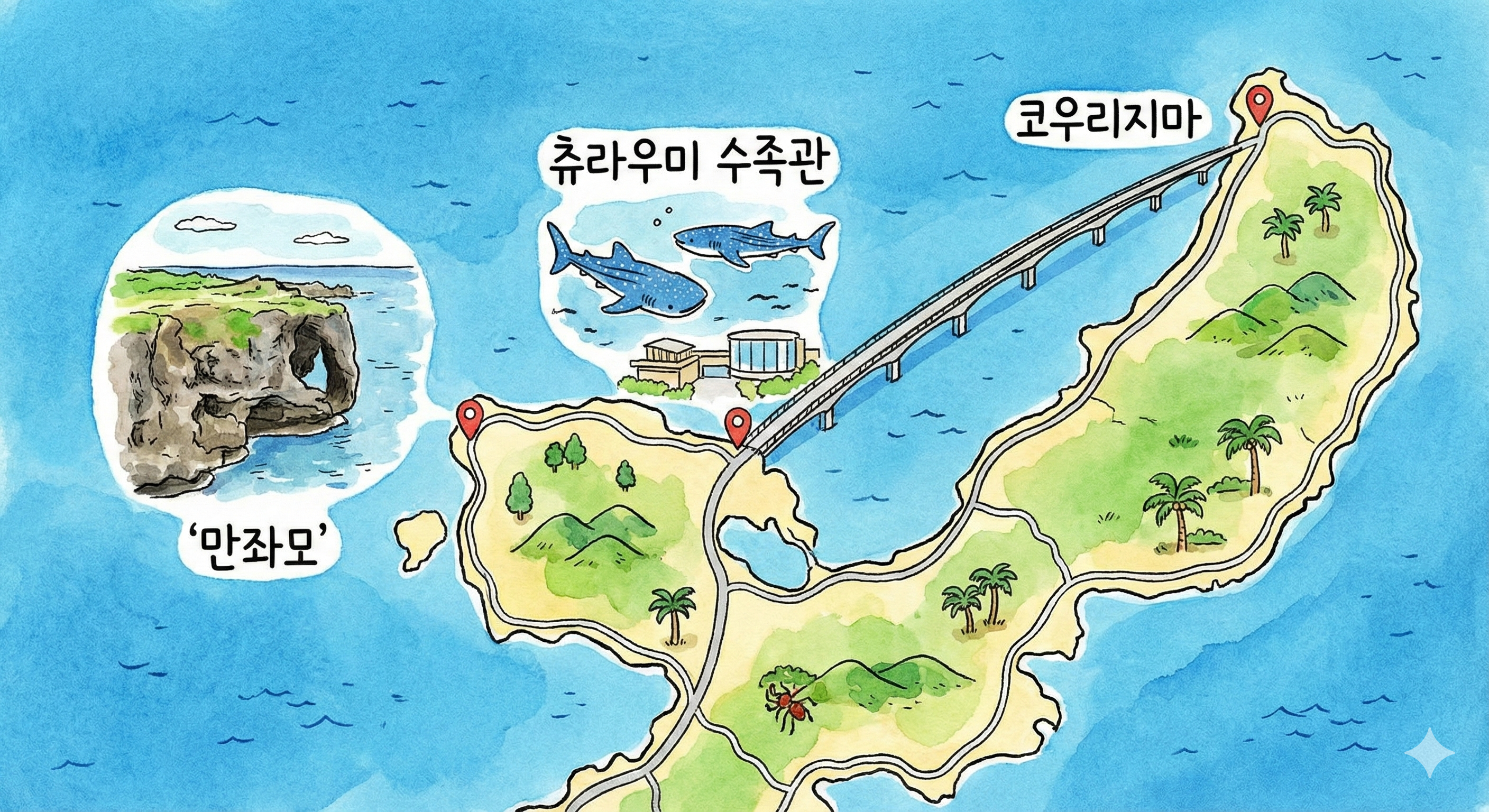 만좌모, 츄라우미 수족관, 코우리지마 위치
