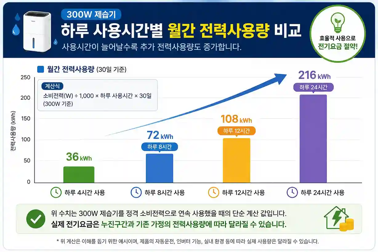 300W 제습기 하루 4시간 8시간 12시간 24시간 사용 시 월간 전력사용량 비교