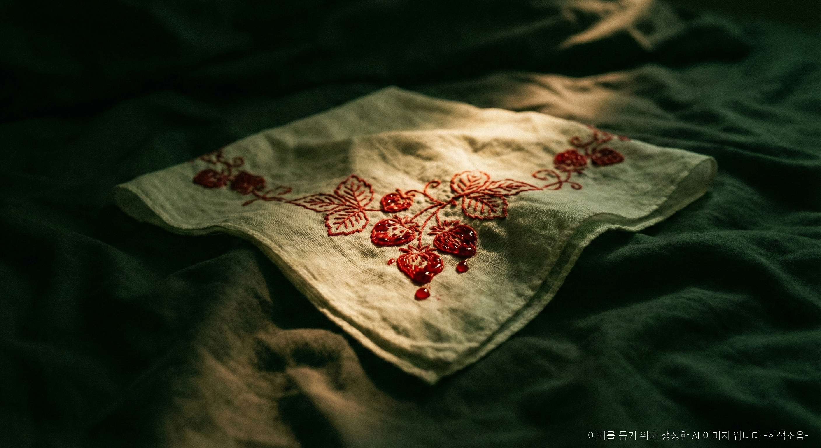 붉은 딸기 : 어두운 침대 시트 위에 붉은 딸기 자수가 피처럼 보이는 하얀 손수건이 스포트라이트 아래 놓여 배신과 불안을 암시하는 매크로 장면.
