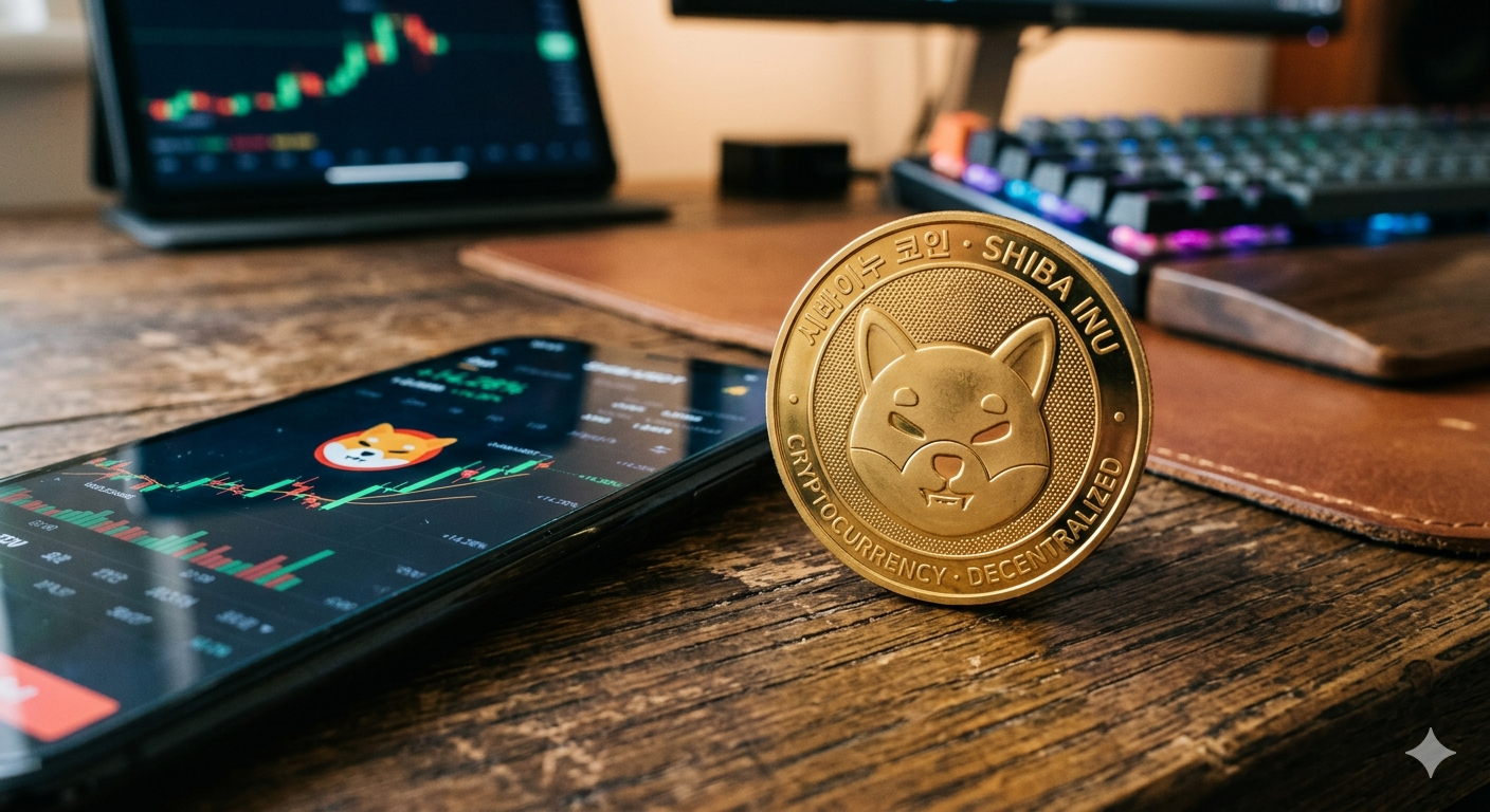 시바이누 코인(SHIB) 황금색 실물 기념 주화와 스마트폰 암호화폐 거래소의 차트 화면