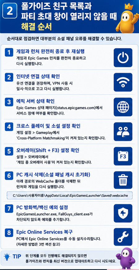 폴가이즈 친구 목록과 파티 초대 창이 열리지 않을 때 해결 순서