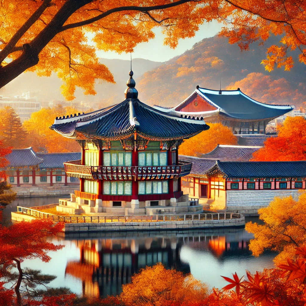 경복궁 연못 주변으로 붉고 황금빛의 나무들이 반영된 가을의 풍경, 고요한 분위기 속에 전통 궁궐이 가을 색으로 물든 모습.