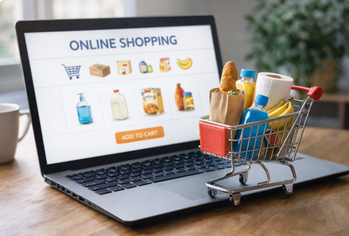 온라인 쇼핑몰에서 생필품을 주문하는 장면 - 노트북 화면과 장바구니에 담긴 생활용품