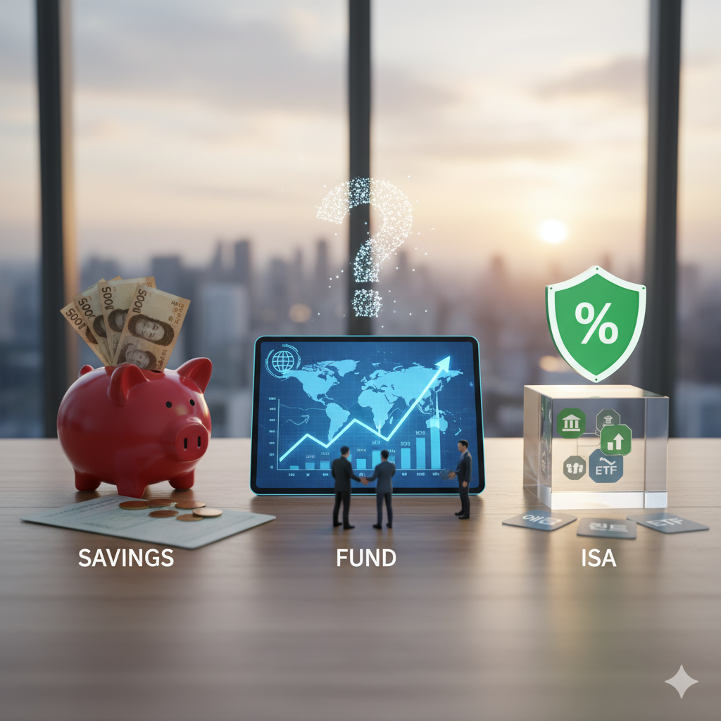 재테크 선택을 상징하는 물음표 아래, 왼쪽부터 저금통과 현금(예금), 그래프와 전문가들(펀드), 그리고 방패 모양의 절세 아이콘과 투명한 블록(ISA)이 놓여 있는 모습.