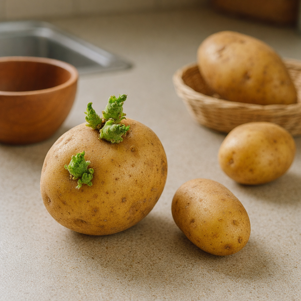 싹이 난 감자의 눈과 싹 주변을 가까이에서 확인하는 모습입니다.