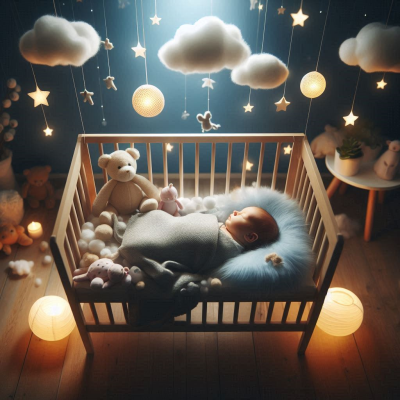 아기 침대 위에서 구름과 별들이 빛나는 밤하늘을 배경으로 아기가 자고 있다.