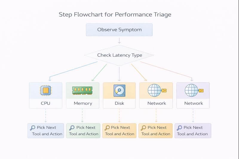 증상 확인에서 시작해 CPU 과부하, 메모리 압박, 디스크 지연, 네트워크 지연 중 어디로 갈지 YES/NO로 분기하는 흐름도이다.