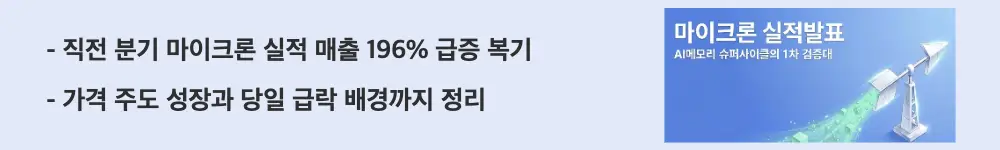 마이크론 실적 발표 결과: '직전 분기 마이크론 실적 매출 196% 급증 복기'라는 문구가 포함된 웹배너 이미지. 이 이미지는 마이크론 직전 분기 실적의 매출&middot;EPS 급증과 가격 주도 성장, 당일 급락 배경을 시각적으로 전달하며, 블로그의 마이크론 실적 동력과 관련된 내용을 설명함
